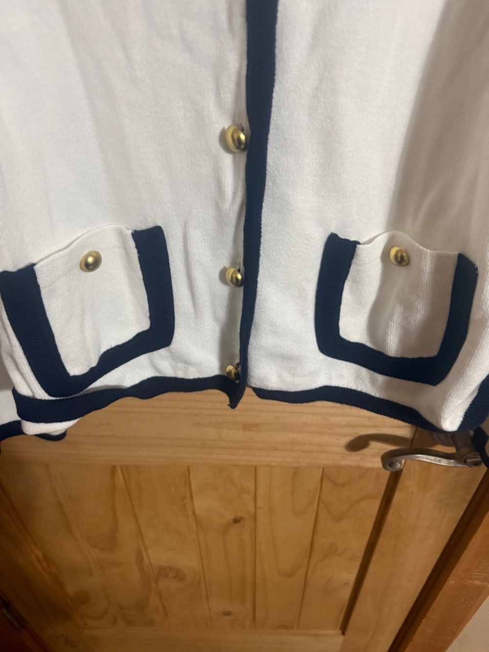 Free Assembly Women's Crewneck Cardigan - Cream with Navy Trim - Picture 5 of 5